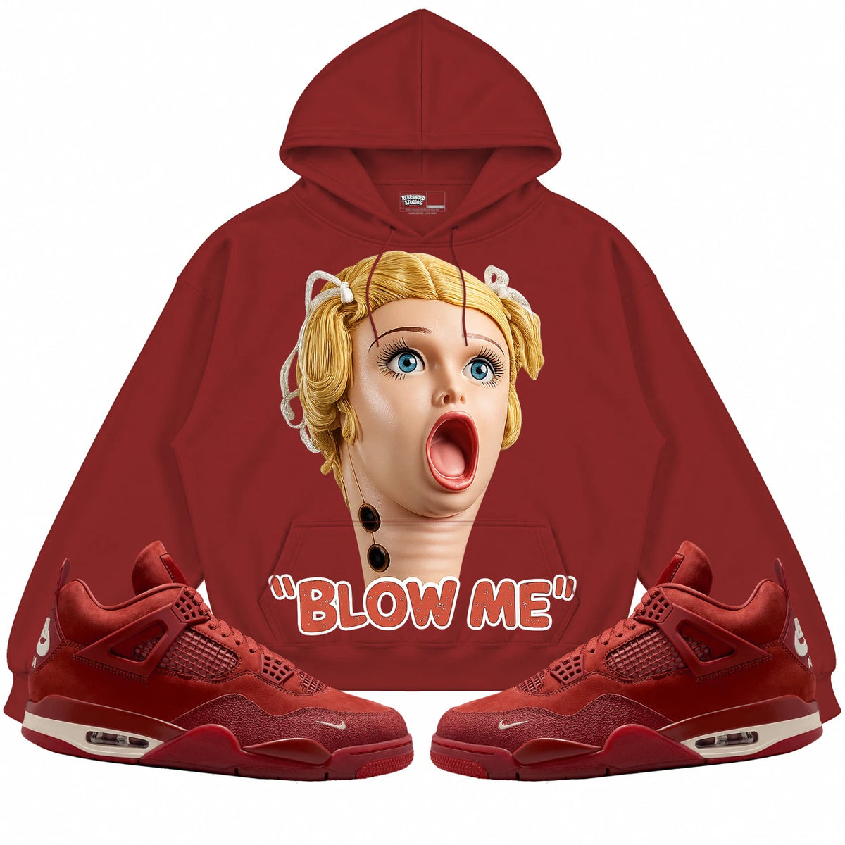 Rebranded Studios Blow Me Air Jordan 4 Brick By Brick Brick Red hoodie — front with sneakers