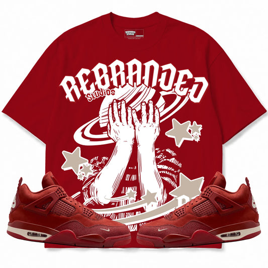 Rebranded Studios Studios Prayer Air Jordan 4 Brick By Brick red shirt — front with sneakers