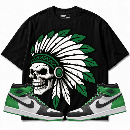 Rebranded Studios Chief 2.0 Air Jordan 1 Lucky Green Black shirt — front with sneakers