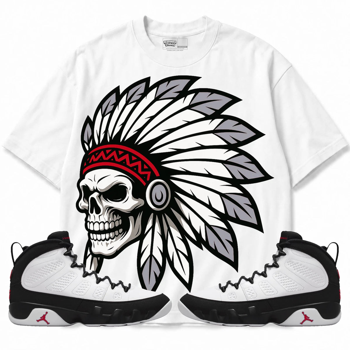 Rebranded Studios Chief 2.0 Air Jordan 9 OG Space Jam White shirt — front with sneakers