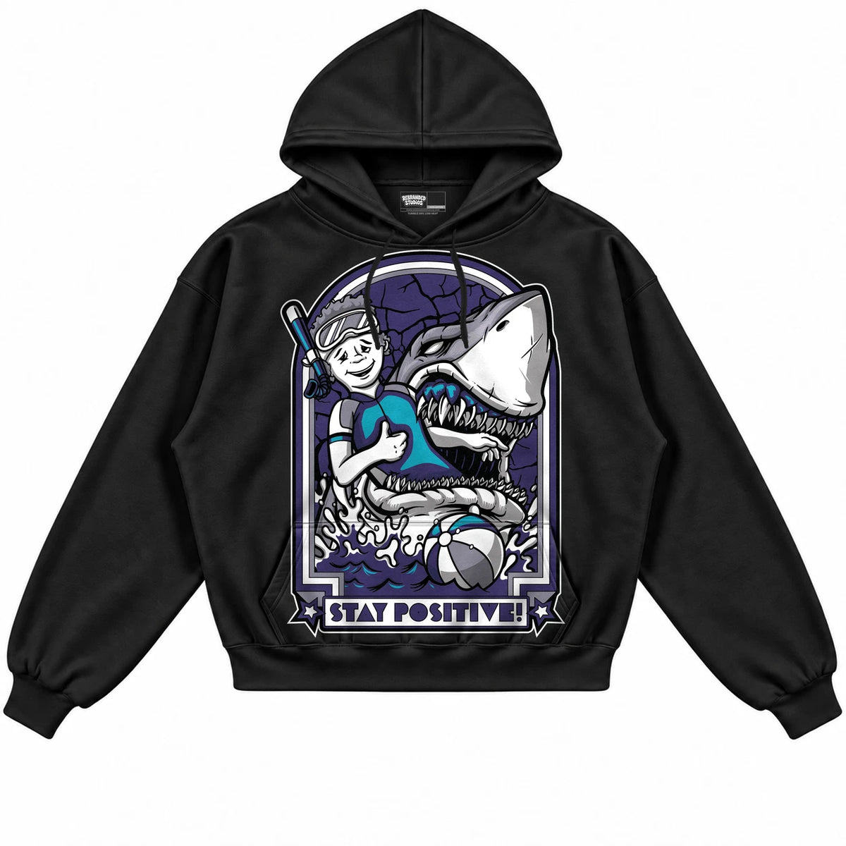 Rebranded Studios Stay Positive Air Jordan 8 Aqua Collection black hoodie — front