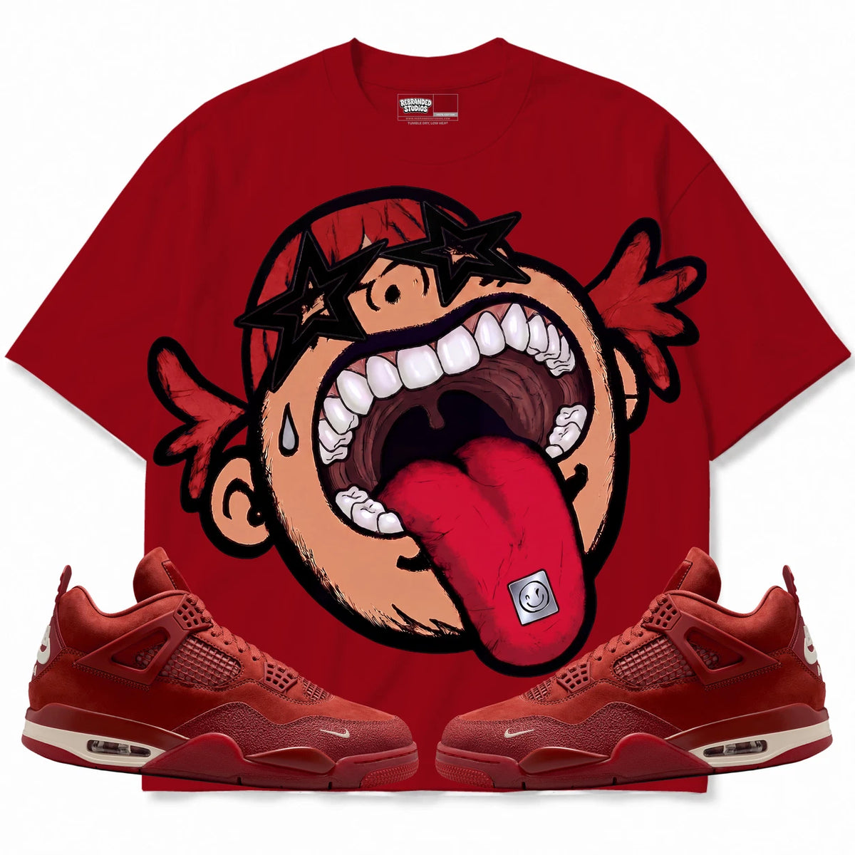 Rebranded Studios Follow Your Dreams 2.0 Air Jordan 4 Brick By Brick red shirt — front with sneakers