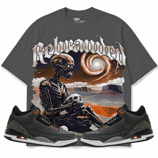 Rebranded Studios Rebranded Future Air Jordan 3 Fear Charcoal Gray shirt — front with sneakers