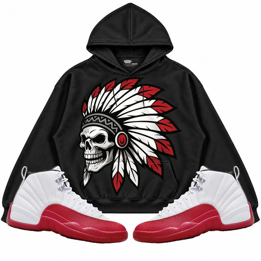 Rebranded Studios Chief 2.0 Air Jordan 12 Cherry Black hoodie — front with sneakers