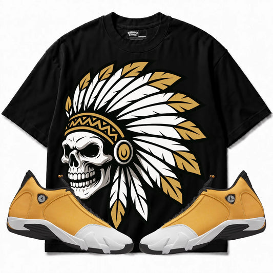 Rebranded Studios Chief 2.0 Air Jordan Retro 14 Ginger Black shirt — front with sneakers