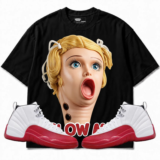 Rebranded Studios Blow Me Air Jordan 12 Cherry Black shirt — front with sneakers