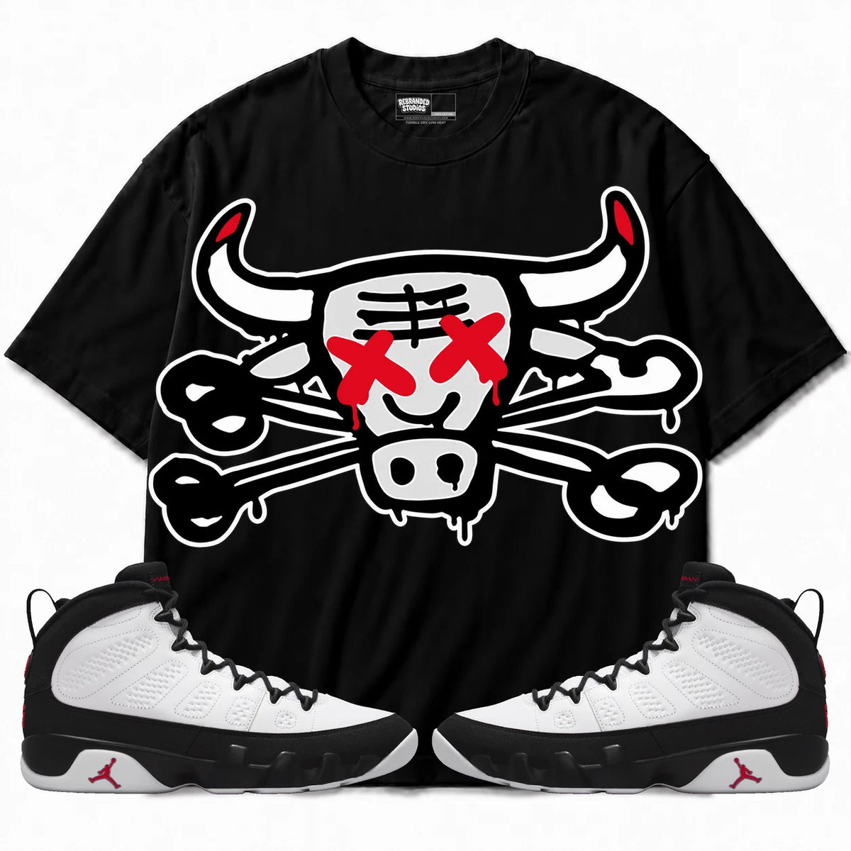 Rebranded Studios The Bull Air Jordan 9 OG Space Jam Collection black shirt — front with sneakers