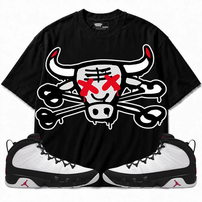 Rebranded Studios The Bull Air Jordan 9 OG Space Jam Collection black shirt — front with sneakers