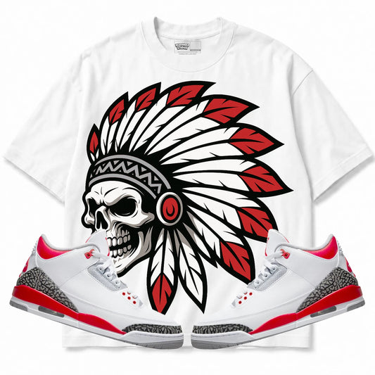 Rebranded Studios Chief 2.0 Air Jordan Retro 3 Fire Red White shirt — front with sneakers