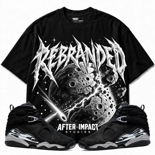 Rebranded Studios After Impact Air Jordan 8 Chrome Collection black shirt — front with sneakers