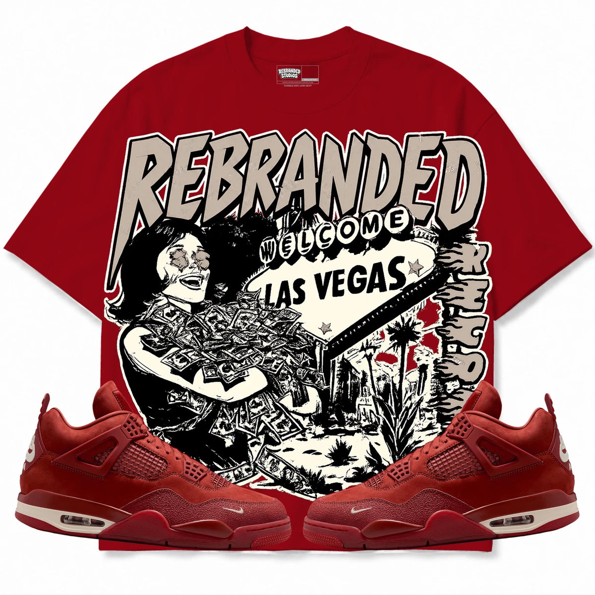 Rebranded Studios Records Air Jordan 4 Brick By Brick red shirt — front with sneakers