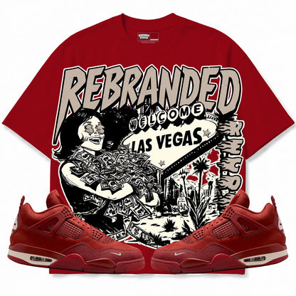 Rebranded Studios Records Air Jordan 4 Brick By Brick red shirt — front with sneakers