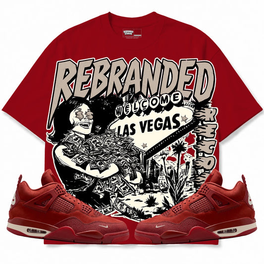 Rebranded Studios Records Air Jordan 4 Brick By Brick red shirt — front with sneakers