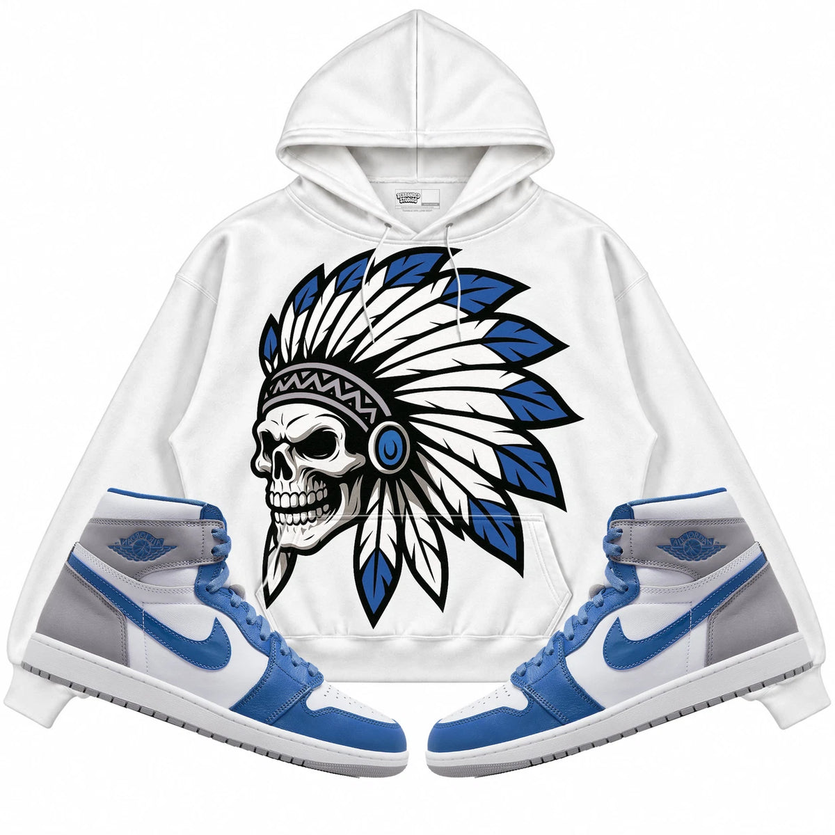 Rebranded Studios Chief 2.0 Air Jordan Retro 1 True Blue White hoodie — front with sneakers