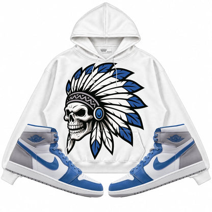 Rebranded Studios Chief 2.0 Air Jordan Retro 1 True Blue White hoodie — front with sneakers