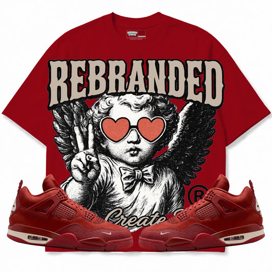Rebranded Studios You Create You Air Jordan 4 Brick By Brick red shirt — front with sneakers