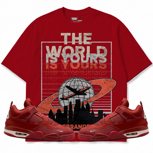 Rebranded Studios The World Is Yours 2.0 Air Jordan 4 Brick By Brick red shirt — front with sneakers