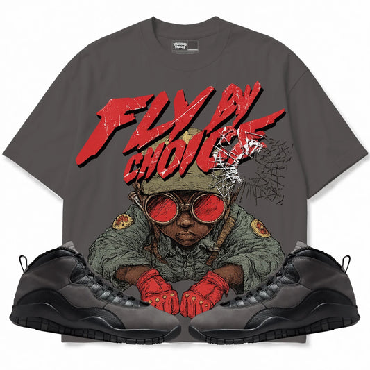 Rebranded Studios Fly By Choice Air Jordan 10 Shadow Collection charcoal gray shirt — front with sneakers