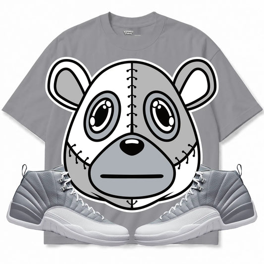 Rebranded Studios Rebranded Bear 2.0 Air Jordan Retro 12 Stealth gray shirt — front with sneakers