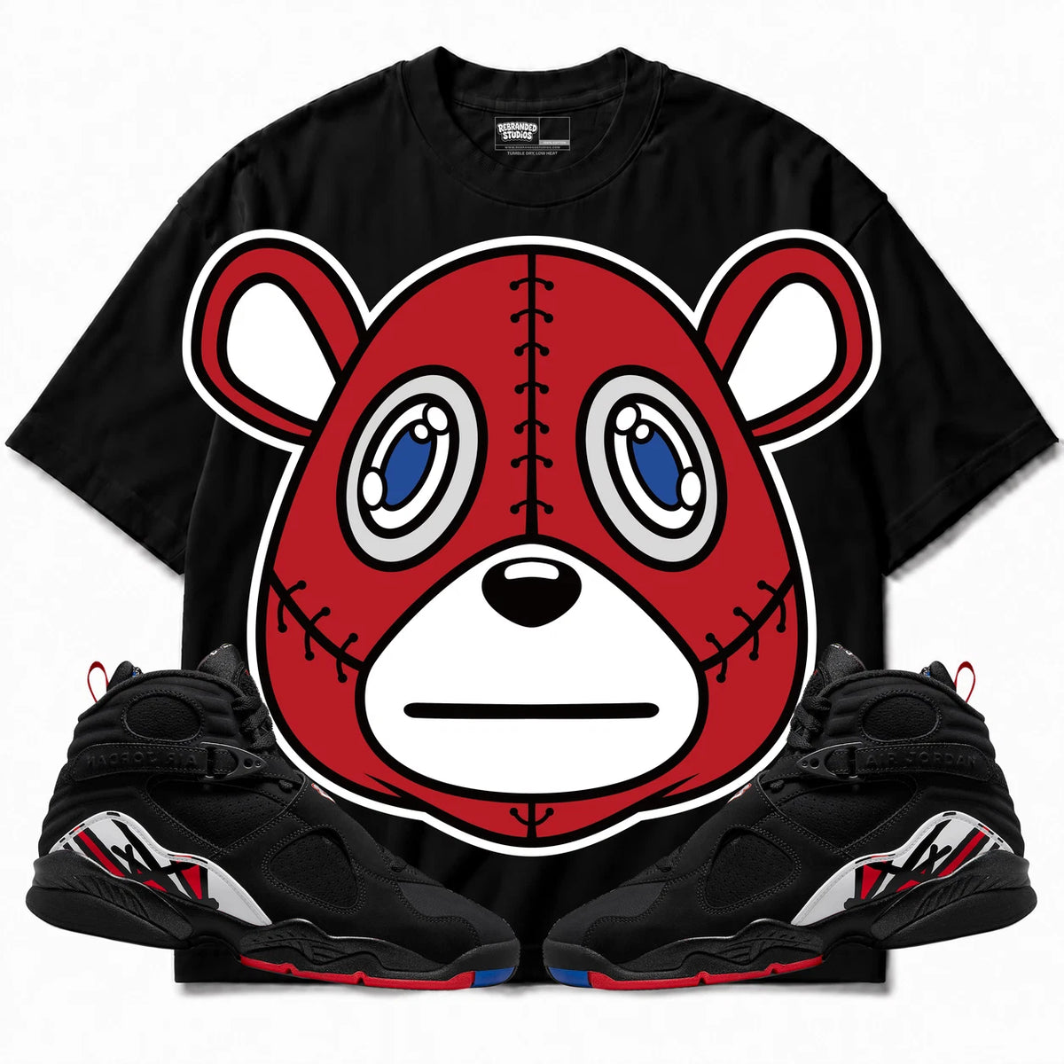 Rebranded Studios Rebranded Bear Air Jordan 8 Playoff Black shirt — front with sneakers