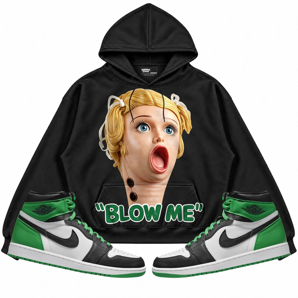 Rebranded Studios Blow Me Air Jordan 1 Lucky Green Black hoodie — front with sneakers