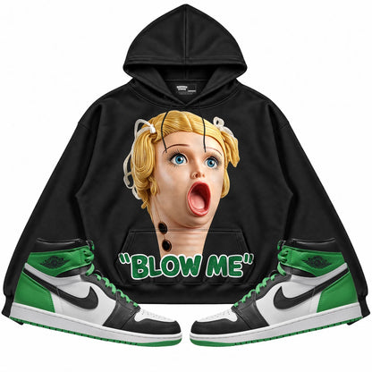 Rebranded Studios Blow Me Air Jordan 1 Lucky Green Black hoodie — front with sneakers