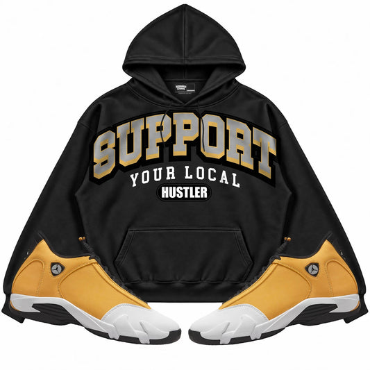 Rebranded Studios Support Your Local Hustler Air Jordan Retro 14 Ginger Black hoodie — front with sneakers