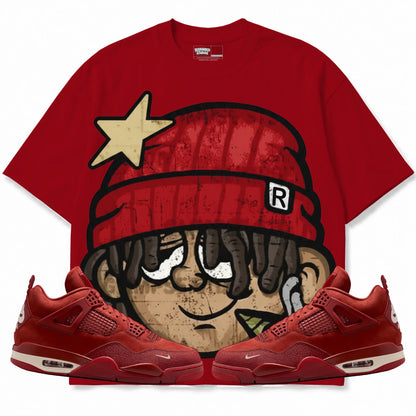 Rebranded Studios High Hopes Air Jordan 4 Brick By Brick red shirt — front with sneakers