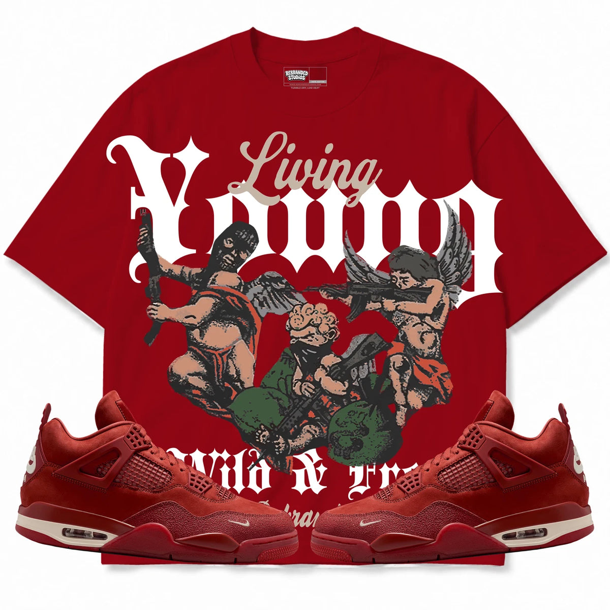 Rebranded Studios Living Young Wild And Free Air Jordan 4 Brick By Brick red shirt — front with sneakers