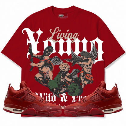 Rebranded Studios Living Young Wild And Free Air Jordan 4 Brick By Brick red shirt — front with sneakers