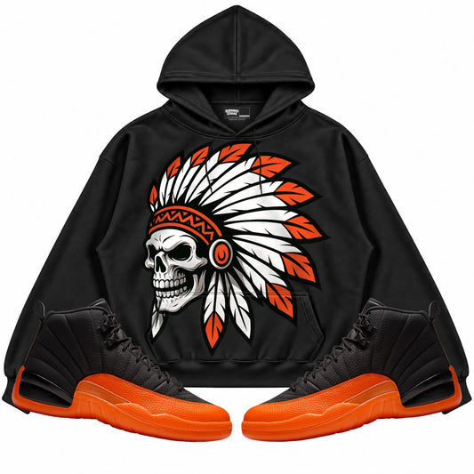 Rebranded Studios Chief 2.0 Air Jordan 12 Brilliant Orange Black hoodie — front with sneakers
