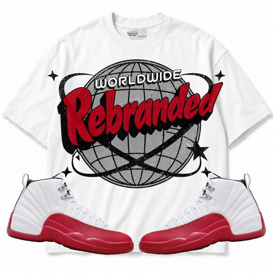 Rebranded Studios Worldwide Air Jordan 12 Cherry Collection white shirt — front with sneakers