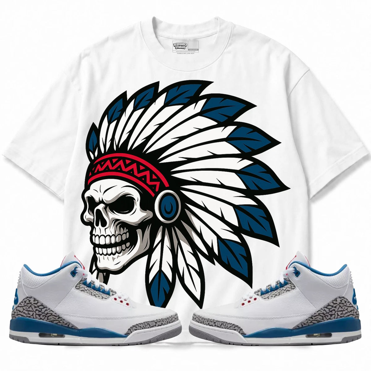 Rebranded Studios Chief 2.0 Air Jordan 3 True Blue White shirt — front with sneakers