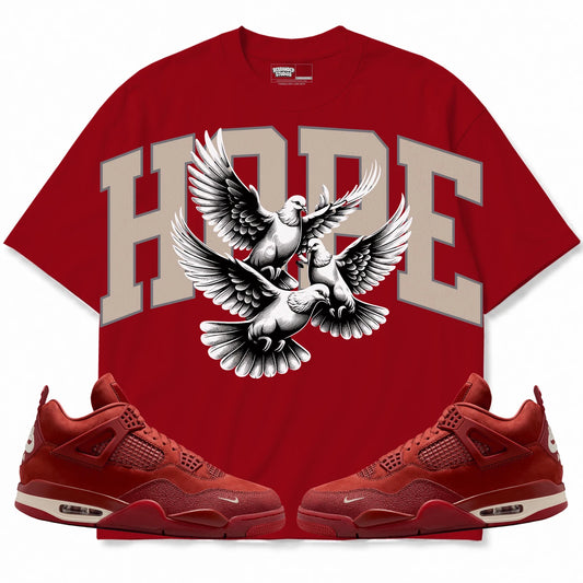 Rebranded Studios Hope 2.0 Air Jordan 4 Brick By Brick red shirt — front with sneakers