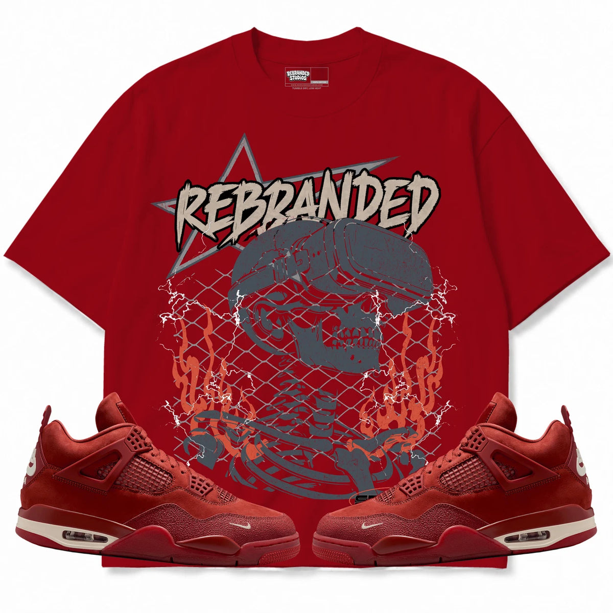 Rebranded Studios Star Air Jordan 4 Brick By Brick red shirt — front with sneakers