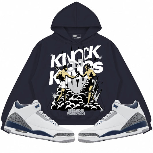 Rebranded Studios Knock Out Kings Air Jordan 3 White Navy Collection dark navy blue hoodie — front with sneakers