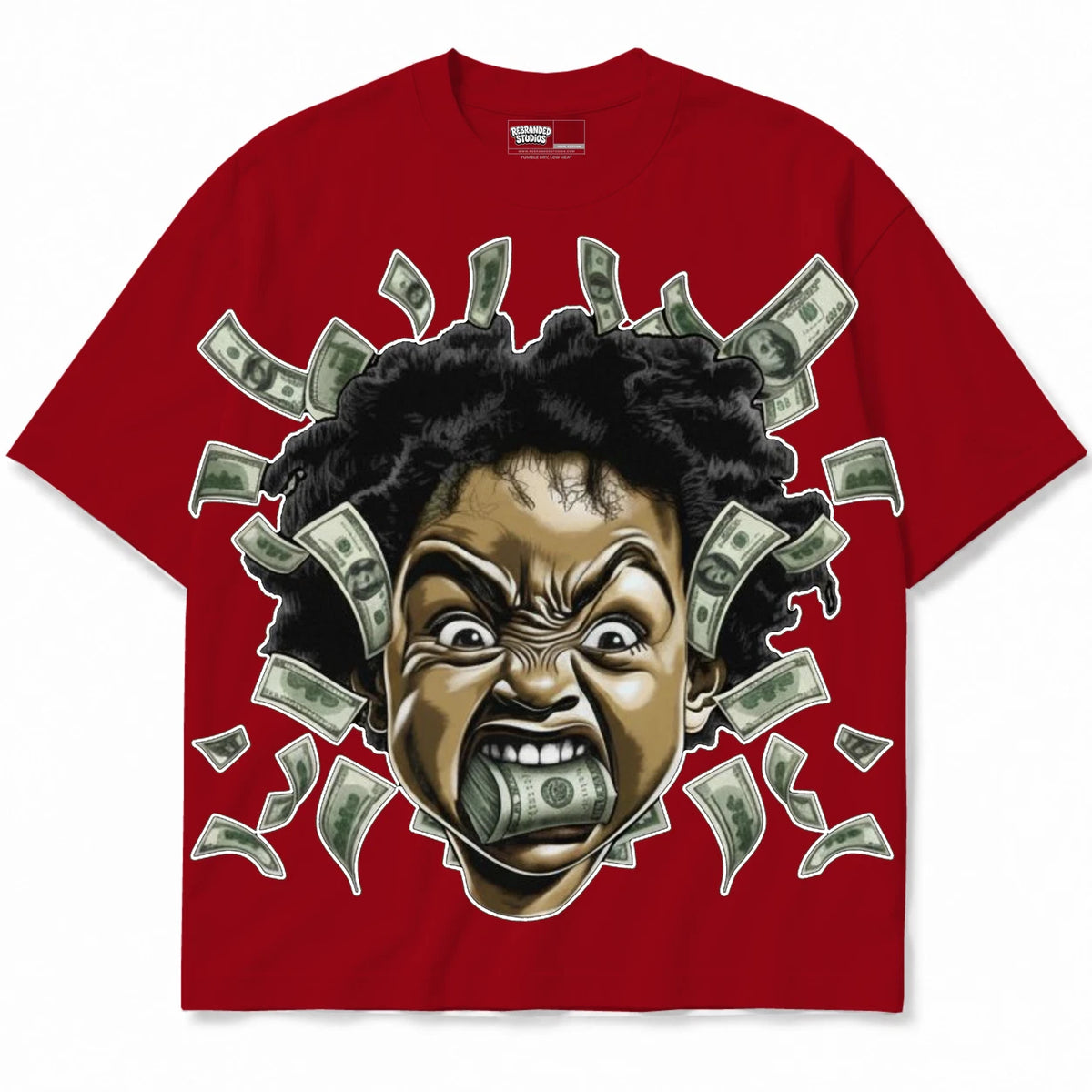Rebranded Studios Money Mouth Air Jordan 4 Brick By Brick red shirt — front