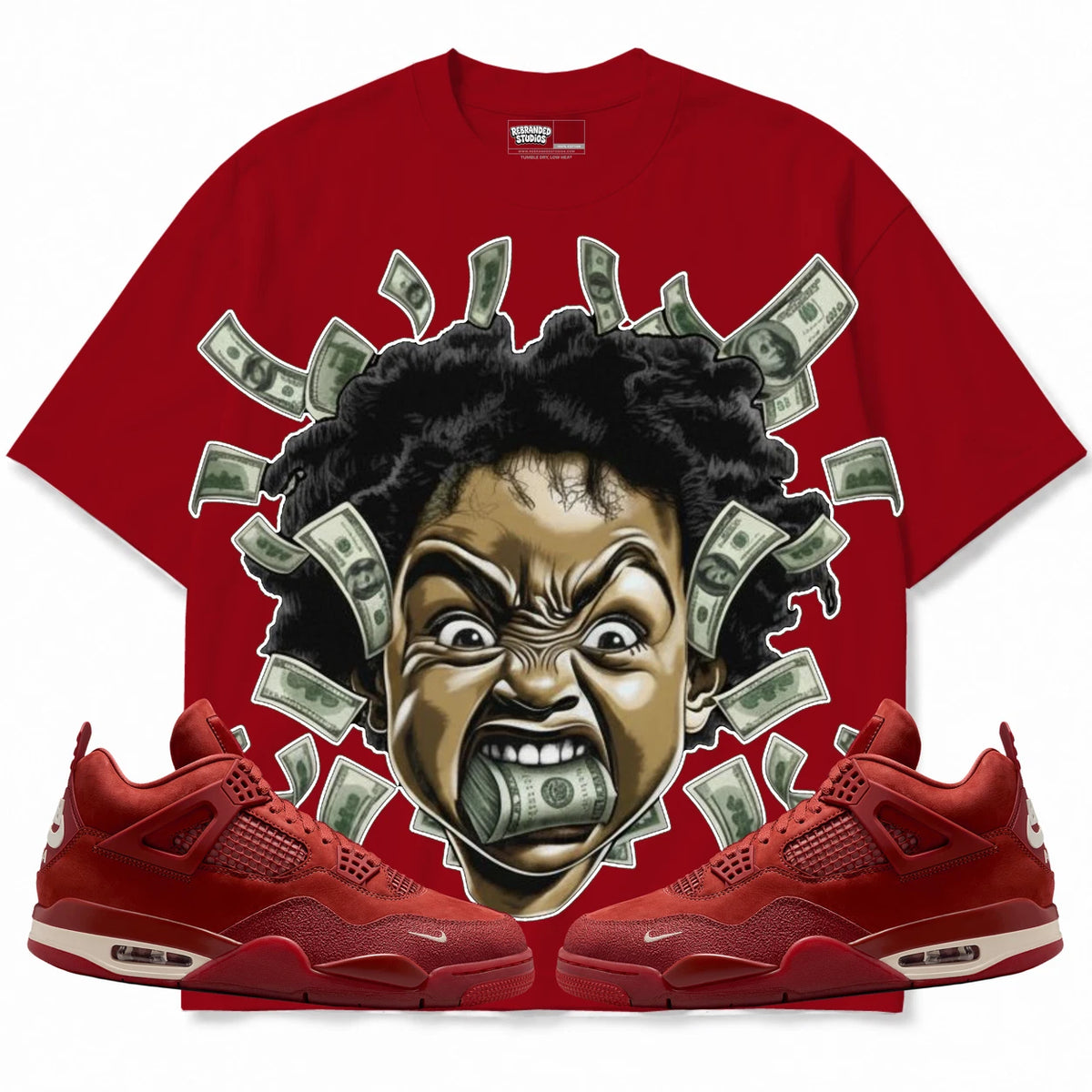 Rebranded Studios Money Mouth Air Jordan 4 Brick By Brick red shirt — front with sneakers