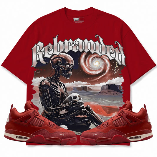 Rebranded Studios Rebranded Future Air Jordan 4 Brick By Brick red shirt — front with sneakers