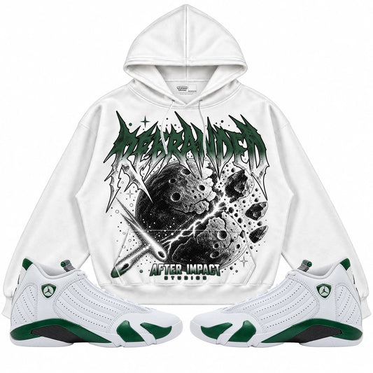 Rebranded Studios After Impact Air Jordan 14 Forest Green Collection white hoodie — front with sneakers