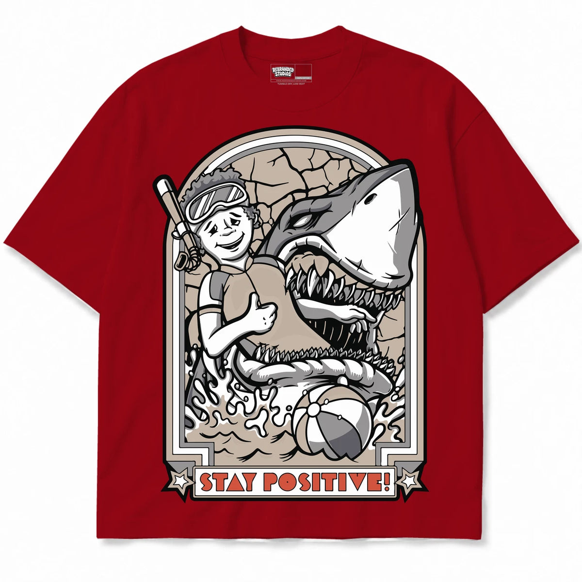Rebranded Studios Stay Positive Air Jordan 4 Brick By Brick red shirt — front