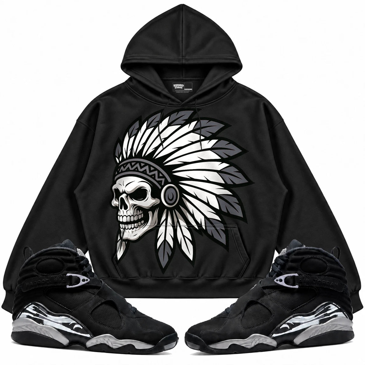 Rebranded Studios Chief 2.0 Air Jordan 8 Chrome black hoodie — front with sneakers