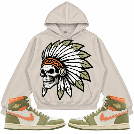 Rebranded Studios Chief 2.0 Air Jordan 1 High OG Craft “CELADON” cream hoodie — front with sneakers