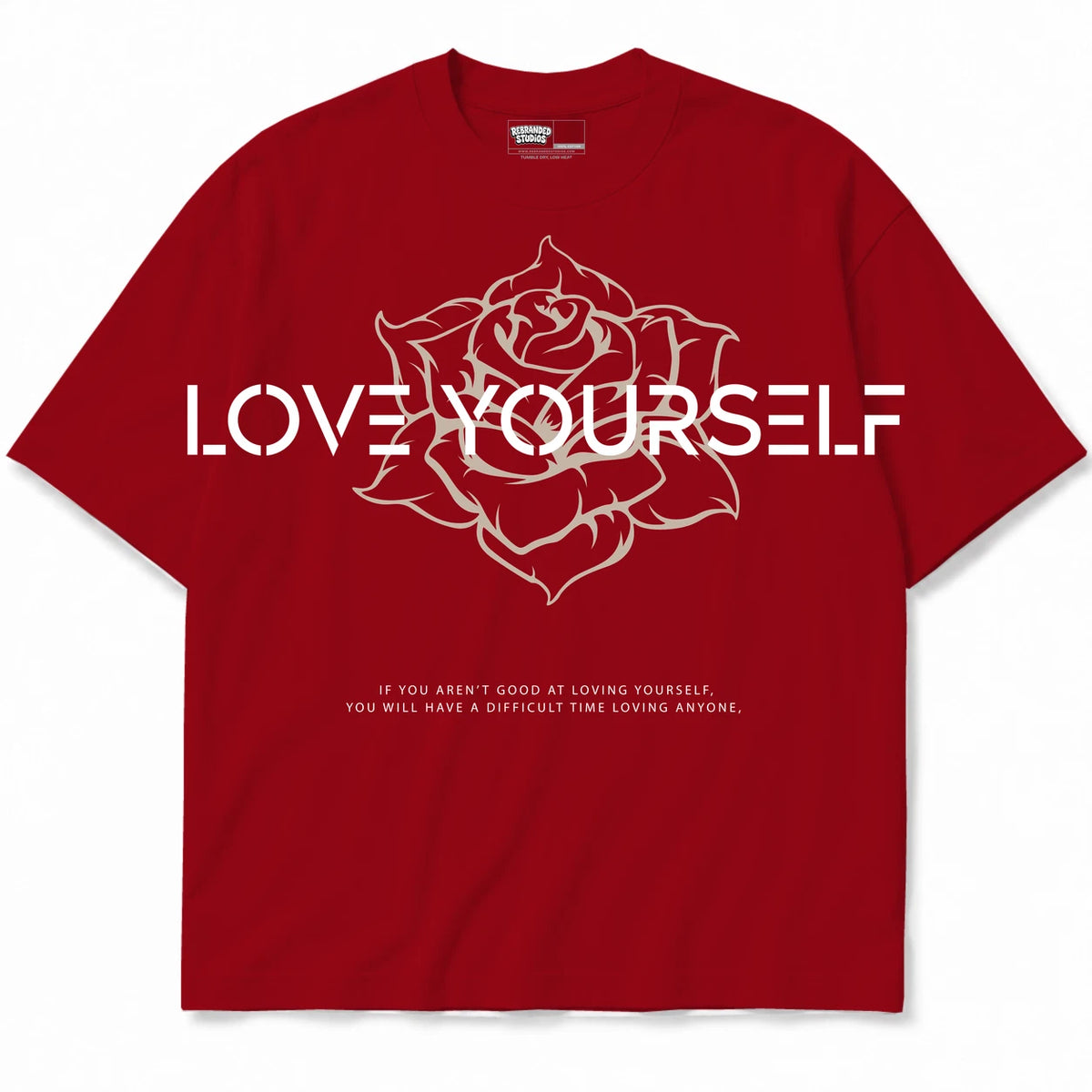 Rebranded Studios Love Yourself Air Jordan 4 Brick By Brick red shirt — front