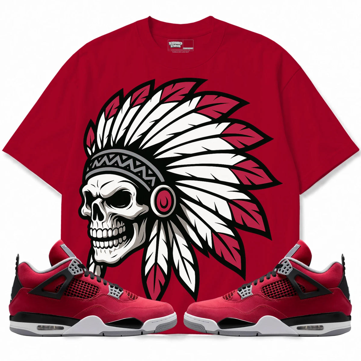 Rebranded Studios Chief 2.0 Air Jordan 4 Toro Bravo Deep Red shirt — front with sneakers