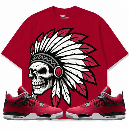 Rebranded Studios Chief 2.0 Air Jordan 4 Toro Bravo Deep Red shirt — front with sneakers