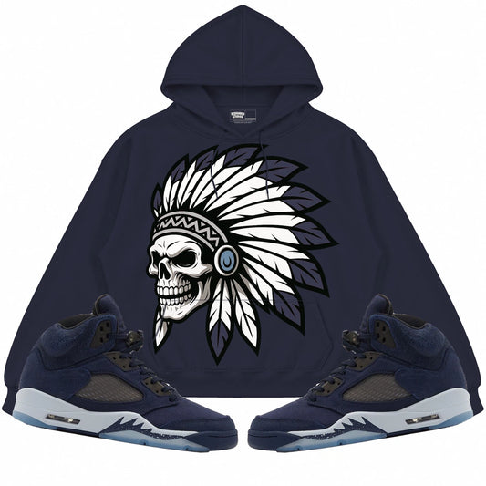 Rebranded Studios Chief 2.0 Air Jordan 5 Midnight Navy Navy hoodie — front with sneakers