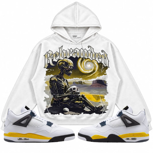 Rebranded Studios Rebranded Future Air Jordan 4 Tour Yellow white hoodie — front with sneakers