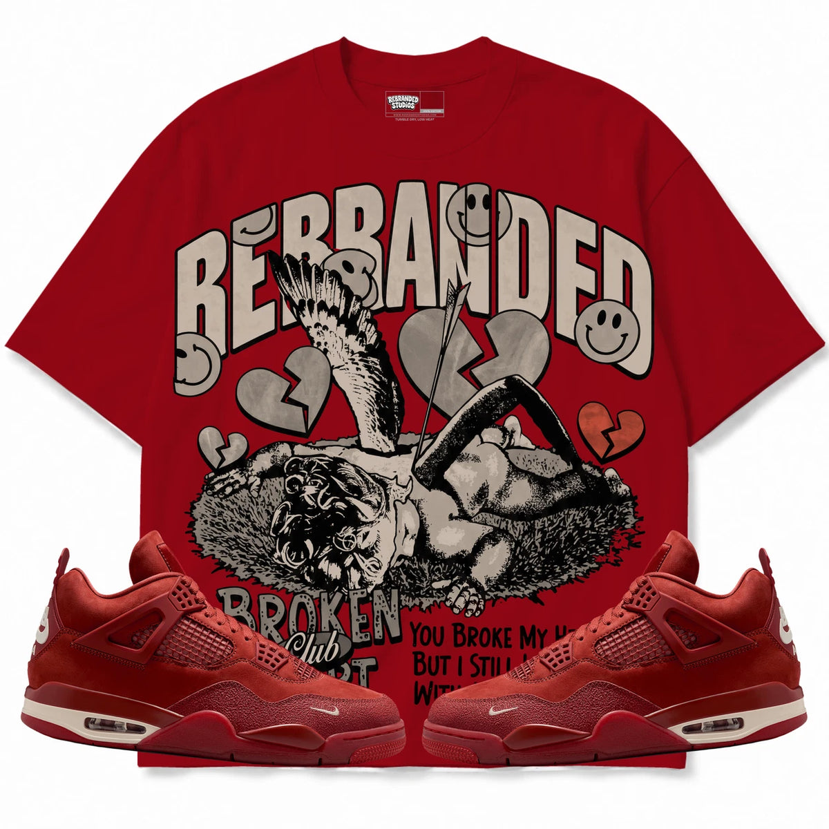 Rebranded Studios Broken Heart Club Air Jordan 4 Brick By Brick red shirt — front with sneakers