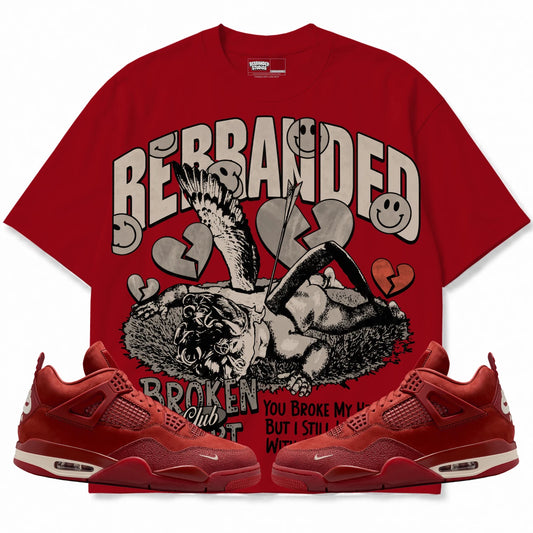 Rebranded Studios Broken Heart Club Air Jordan 4 Brick By Brick red shirt — front with sneakers